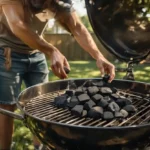 Basic barbecue grill setup tutorial showing charcoal arrangement on a backyard grill