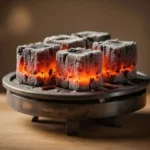 Consistent charcoal cube performance shown by evenly glowing coconut charcoal cubes on a metal holder